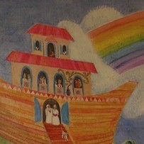 : a mural of Noah's ark on the walls of an upstairs room
